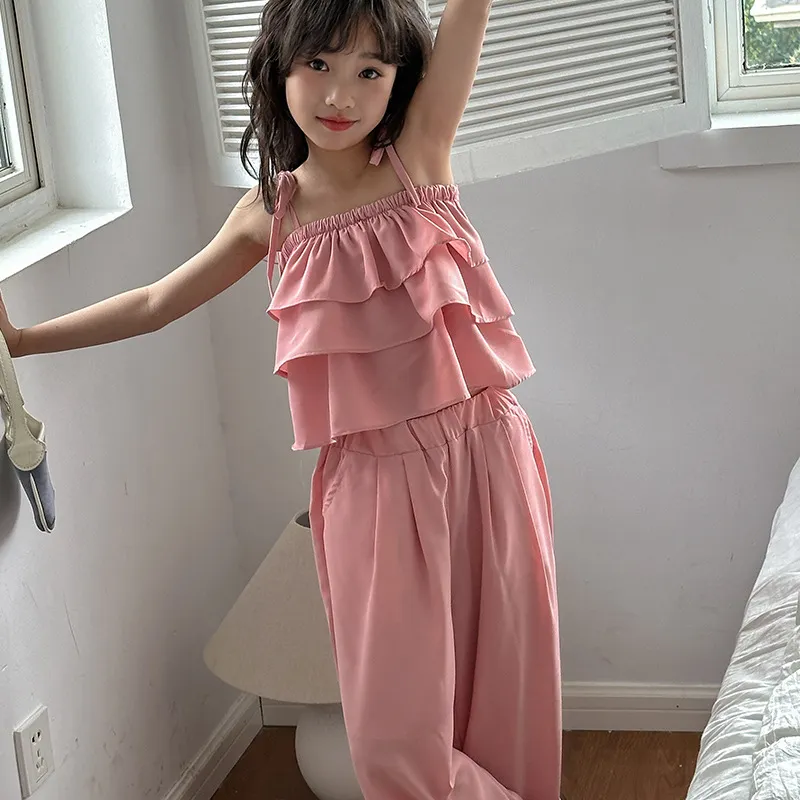 【120-170cm】2色選べるスウィート 無地 キャミソール✛ワイドパンツ 夏 女の子 セットアップ