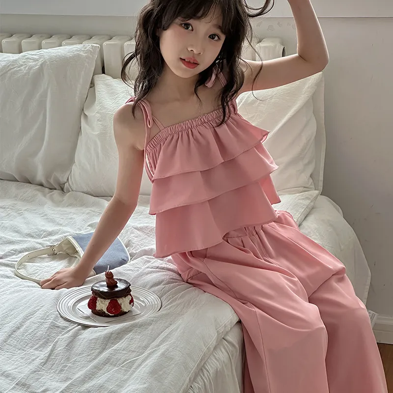 【120-170cm】2色選べるスウィート 無地 キャミソール✛ワイドパンツ 夏 女の子 セットアップ
