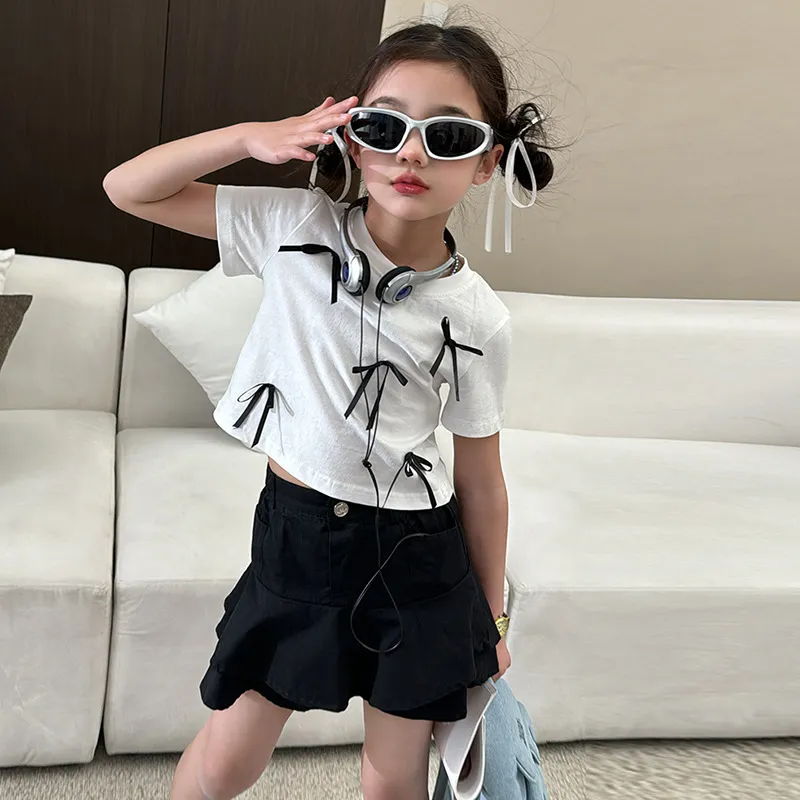 【120-170cm】3色選べるおしゃれ度高め 無地 ファッション リボン 切り替え 女の子 トップス