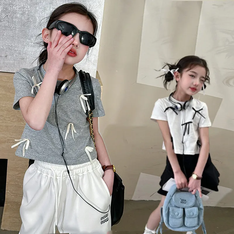 【120-170cm】3色選べるおしゃれ度高め 無地 ファッション リボン 切り替え 女の子 トップス