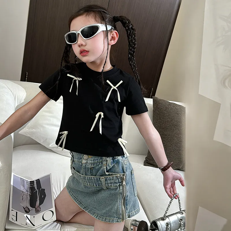 【120-170cm】3色選べるおしゃれ度高め 無地 ファッション リボン 切り替え 女の子 トップス