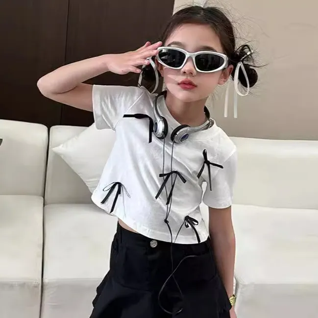 【120-170cm】3色選べるおしゃれ度高め 無地 ファッション リボン 切り替え 女の子 トップス