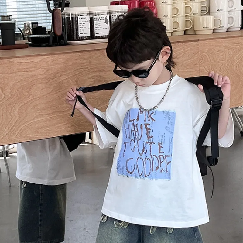 【110-160cm】ファッション カジュアル プリント カジュアル 落書き キッズ ジュニア 子供 服 男の子 夏 半袖 Tシャツ カットソー トップス