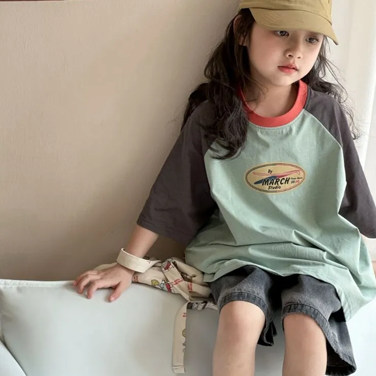 【120-170cm】人気上昇中 カジュアル 韓国系 配色 アルファベット 半袖 女の子 Tシャツ トップス