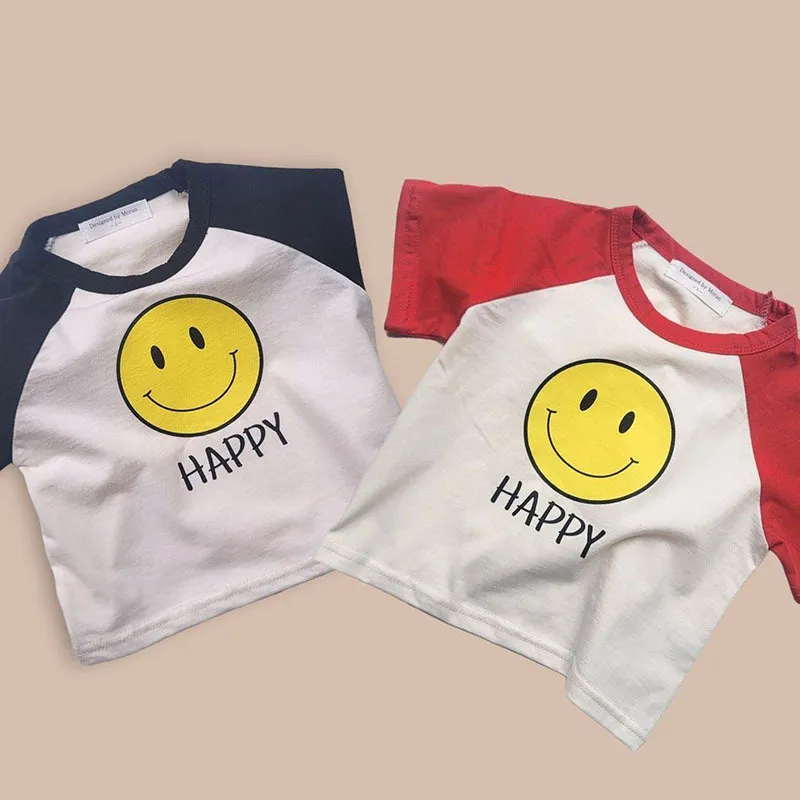 【73-100cm】二色選べ 新登場 心地よい 韓国系 スマイル 配色 半袖 コットン 女の子 男の子 Tシャツ トップス