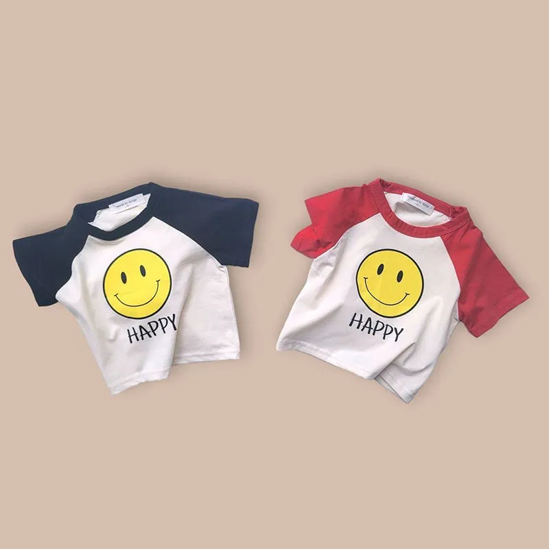 【73-100cm】二色選べ 新登場 心地よい 韓国系 スマイル 配色 半袖 コットン 女の子 男の子 Tシャツ トップス