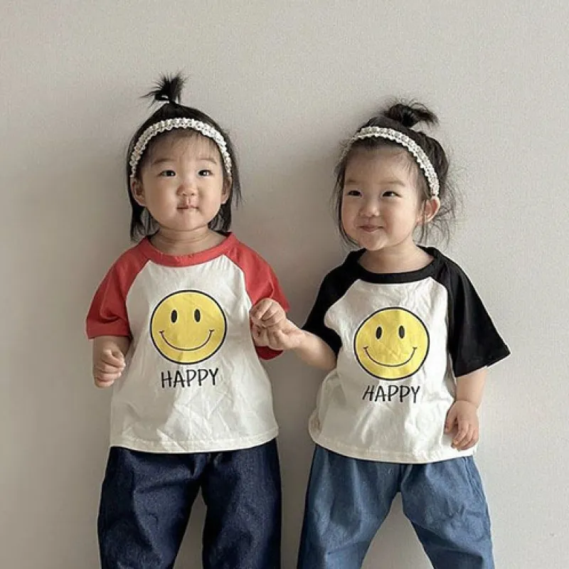 【73-100cm】二色選べ 新登場 心地よい 韓国系 スマイル 配色 半袖 コットン 女の子 男の子 Tシャツ トップス