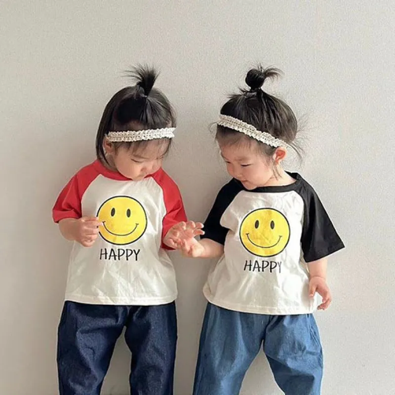 【73-100cm】二色選べ 新登場 心地よい 韓国系 スマイル 配色 半袖 コットン 女の子 男の子 Tシャツ トップス
