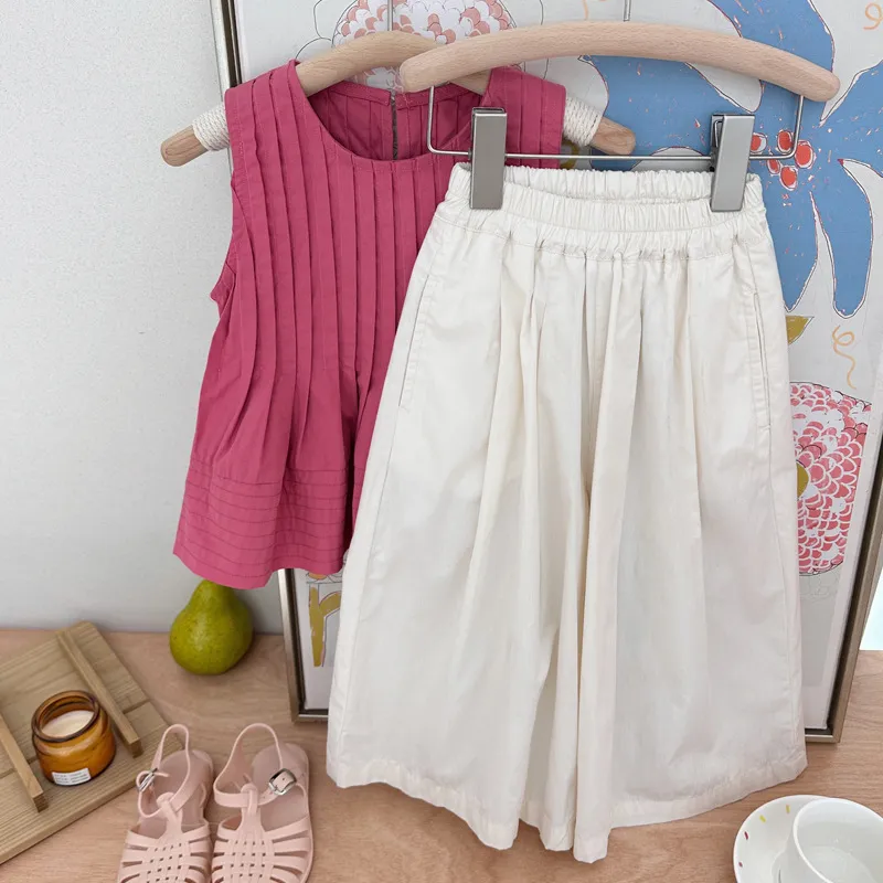 【90-140cm】単品注文 質感のいい 女の子 夏 韓国 子供 ワイドレッグパンツ 2点 セットアップ
