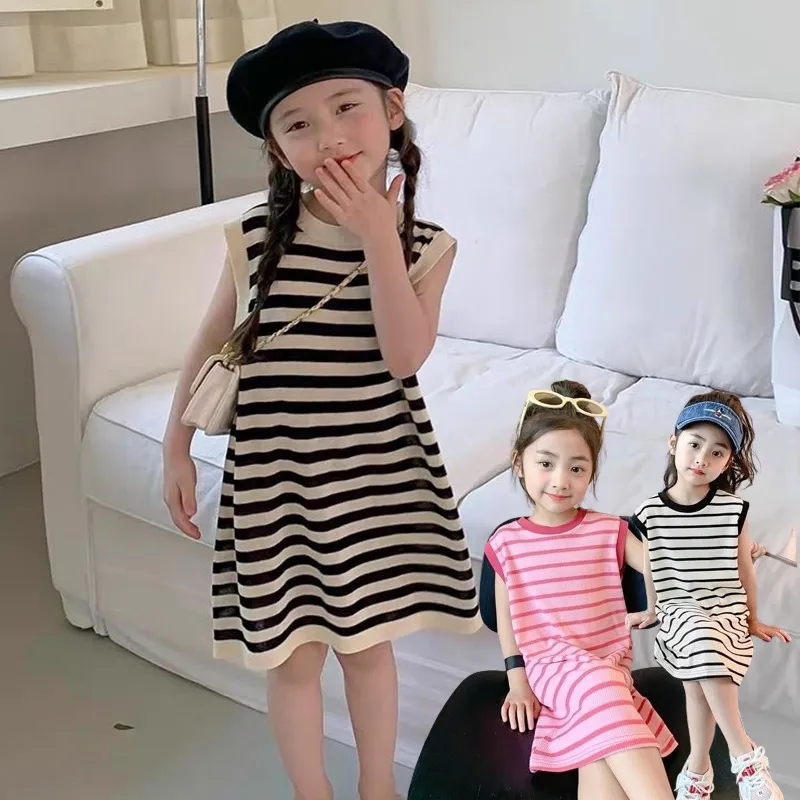 【90-150cm】三色選べる 定番 ボーダー ノースリーブ ストレートスカート 夏 子供服 キッズ ジュニア 女の子 ワンピース