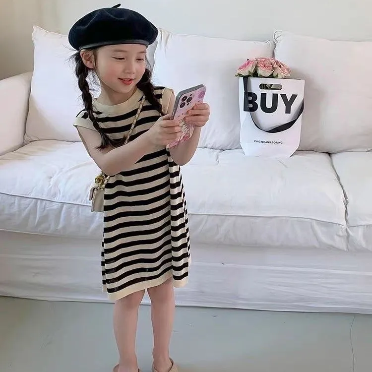 【90-150cm】三色選べる 定番 ボーダー ノースリーブ ストレートスカート 夏 子供服 キッズ ジュニア 女の子 ワンピース
