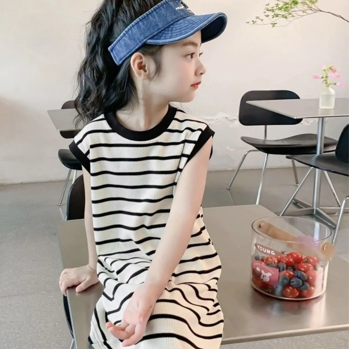 【90-150cm】三色選べる 定番 ボーダー ノースリーブ ストレートスカート 夏 子供服 キッズ ジュニア 女の子 ワンピース