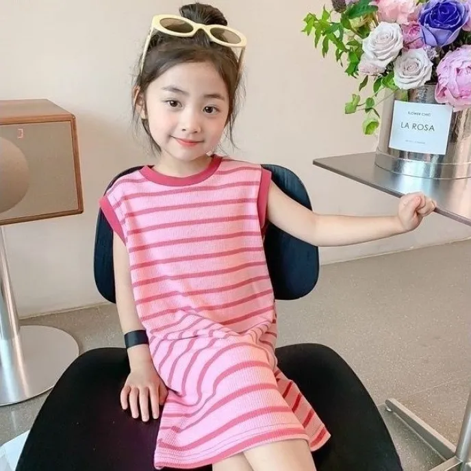 【90-150cm】三色選べる 定番 ボーダー ノースリーブ ストレートスカート 夏 子供服 キッズ ジュニア 女の子 ワンピース