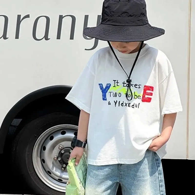 【100-160cm】今季大注目 心地よい カジュアル アルファベット 配色 半袖 コットン 男の子 Tシャツ トップス