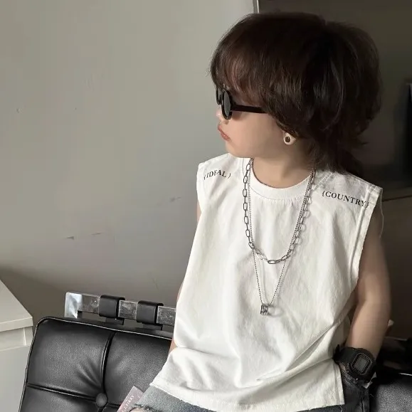 【90-150cm】Basic日常簡約 ファッション カジュアル アルファベット ノースリーブ 男の子 トップス