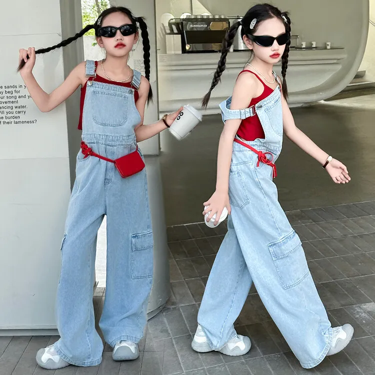 【120-170cm】 レトロ 無地 ゆったり キャミソール/デニム サロペット ワイドパンツ 夏 子供服 キッズ ジュニア 女の子 セットアップ(単品注文)