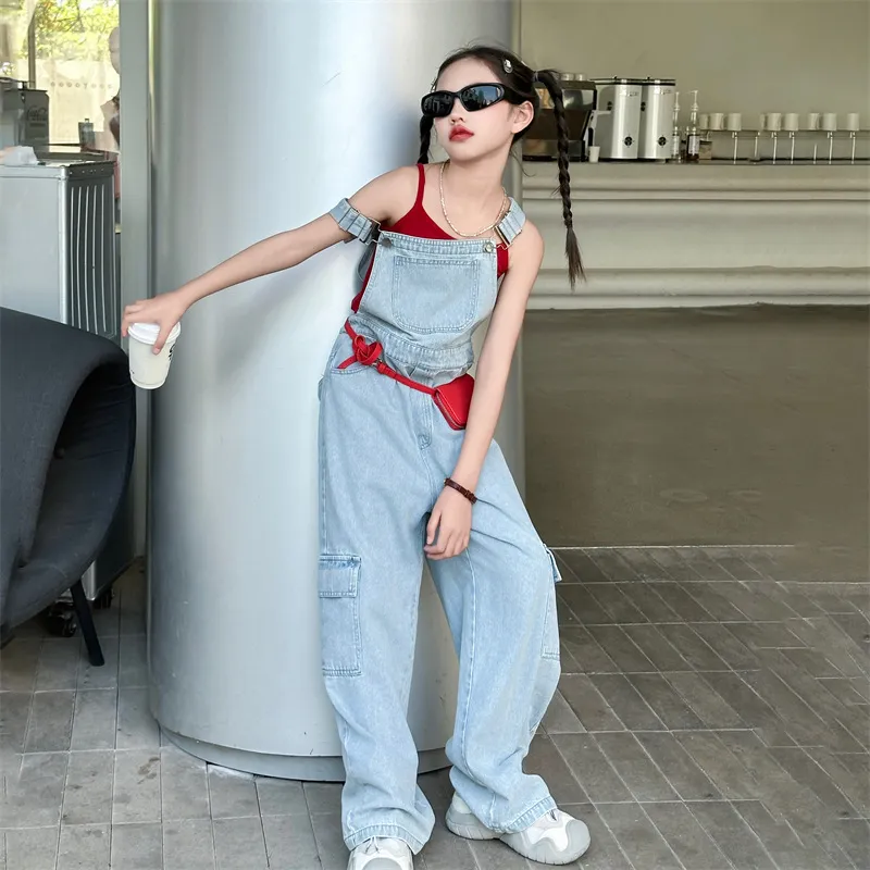 【120-170cm】 レトロ 無地 ゆったり キャミソール/デニム サロペット ワイドパンツ 夏 子供服 キッズ ジュニア 女の子 セットアップ(単品注文)