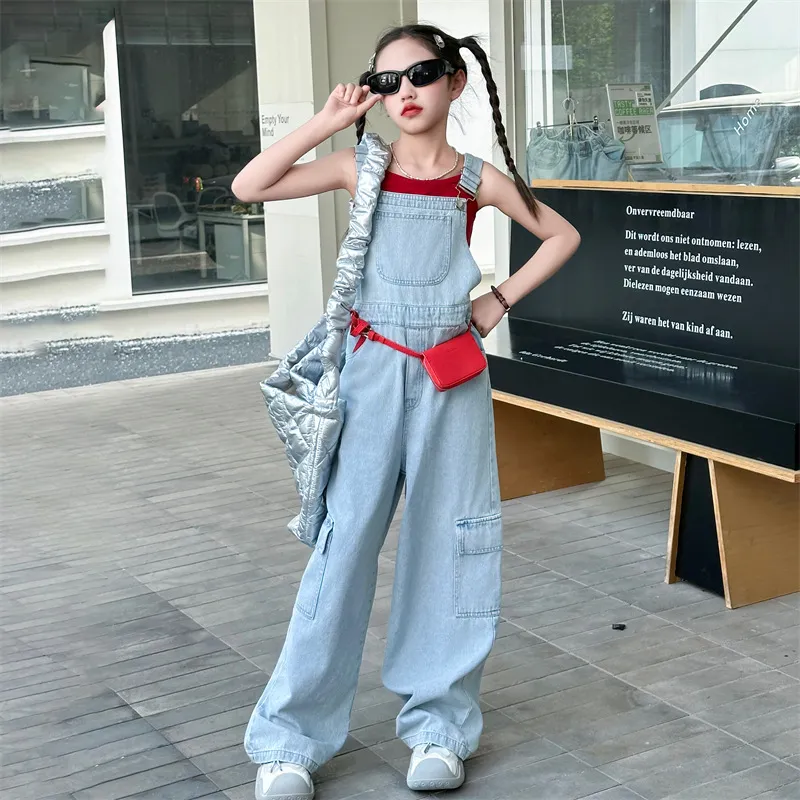 【120-170cm】 レトロ 無地 ゆったり キャミソール/デニム サロペット ワイドパンツ 夏 子供服 キッズ ジュニア 女の子 セットアップ(単品注文)