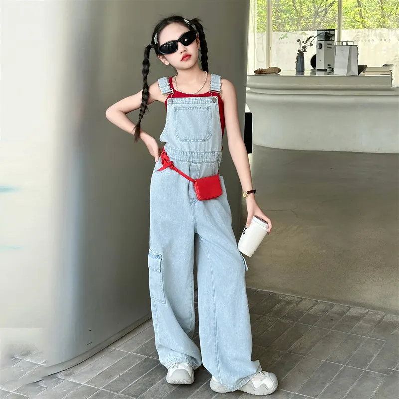【120-170cm】 レトロ 無地 ゆったり キャミソール/デニム サロペット ワイドパンツ 夏 子供服 キッズ ジュニア 女の子 セットアップ(単品注文)
