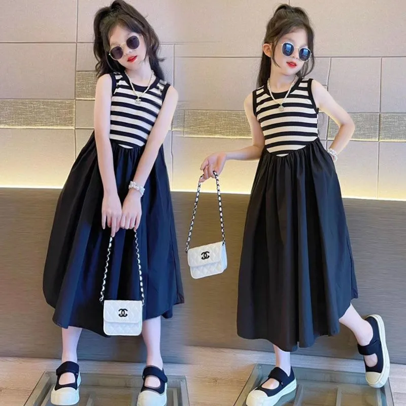 【110-170cm】ファッション 配色 ボーダー 切り替え Aライン ノースリーブ 夏 子供服 キッズ ジュニア 女の子 ワンピース