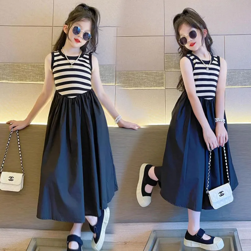 【110-170cm】ファッション 配色 ボーダー 切り替え Aライン ノースリーブ 夏 子供服 キッズ ジュニア 女の子 ワンピース