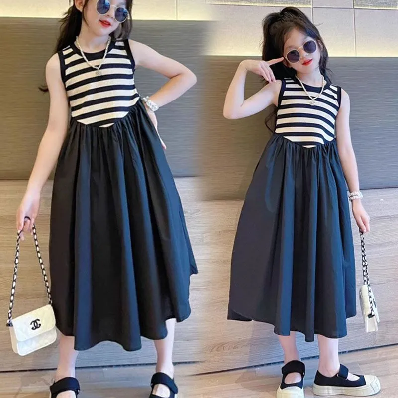 【110-170cm】ファッション 配色 ボーダー 切り替え Aライン ノースリーブ 夏 子供服 キッズ ジュニア 女の子 ワンピース
