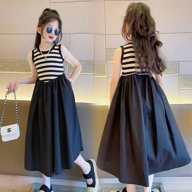 【110-170cm】ファッション 配色 ボーダー 切り替え Aライン ノースリーブ 夏 子供服 キッズ ジュニア 女の子 ワンピース