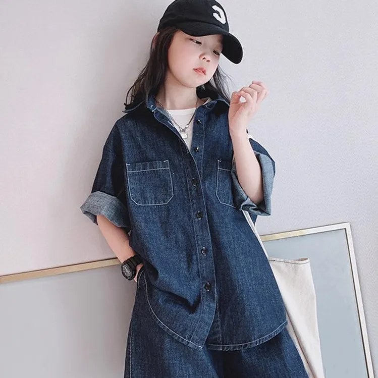 【120‐170cm】ストリート系 デニム 無地  ロールアップ 半袖 アウター✛ショートパンツ 夏 子供服 キッズ ジュニア 女の子 セットアップ