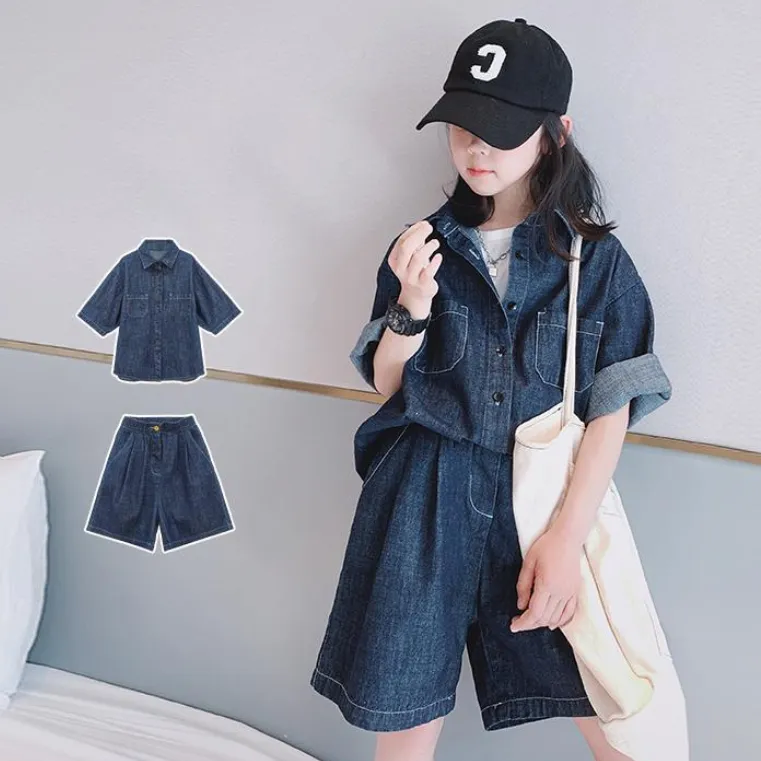 【120‐170cm】ストリート系 デニム 無地  ロールアップ 半袖 アウター✛ショートパンツ 夏 子供服 キッズ ジュニア 女の子 セットアップ