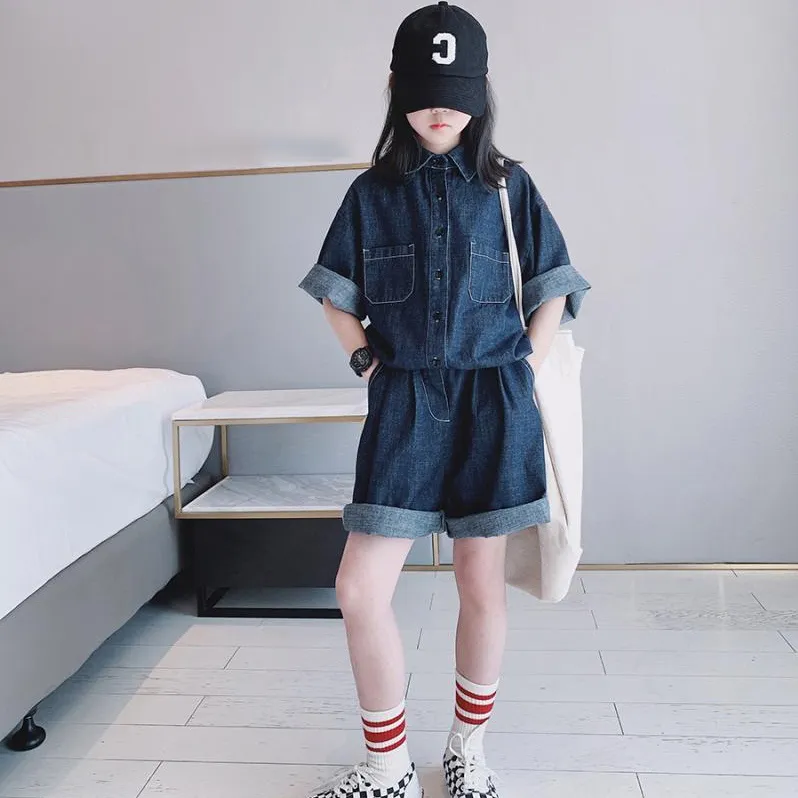 【120‐170cm】ストリート系 デニム 無地  ロールアップ 半袖 アウター✛ショートパンツ 夏 子供服 キッズ ジュニア 女の子 セットアップ