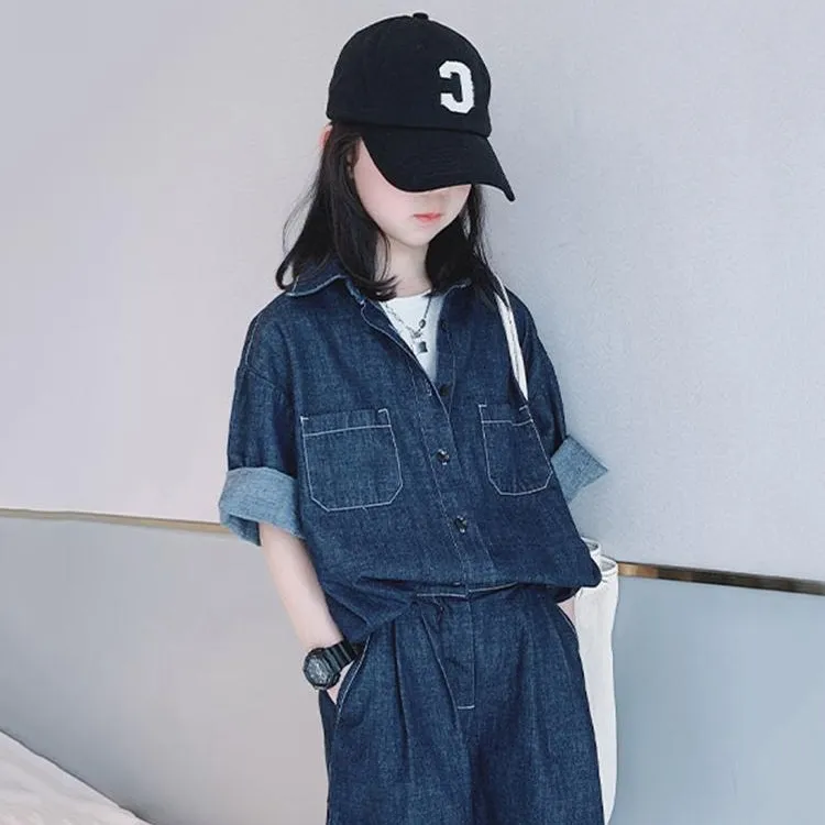 【120‐170cm】ストリート系 デニム 無地  ロールアップ 半袖 アウター✛ショートパンツ 夏 子供服 キッズ ジュニア 女の子 セットアップ