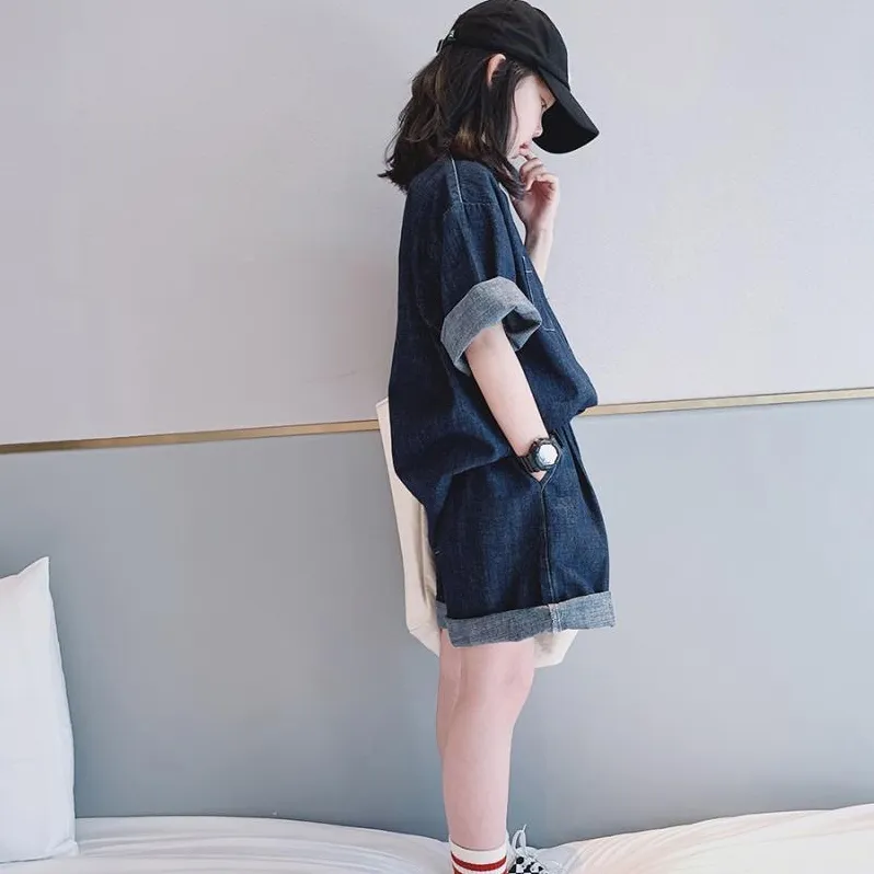 【120‐170cm】ストリート系 デニム 無地  ロールアップ 半袖 アウター✛ショートパンツ 夏 子供服 キッズ ジュニア 女の子 セットアップ