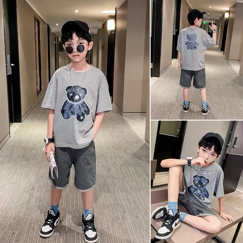 【110-160 cm】かわいい カートゥーン クマ柄 しっかり キッズ ジュニア 男の子 夏 半袖 Tシャツ カットソー トップス