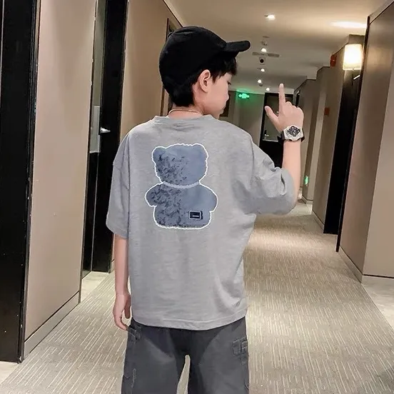 【110-160 cm】かわいい カートゥーン クマ柄 しっかり キッズ ジュニア 男の子 夏 半袖 Tシャツ カットソー トップス