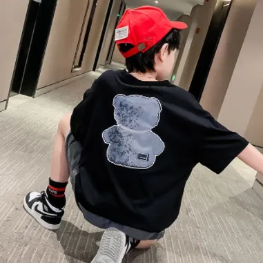 【110-160 cm】かわいい カートゥーン クマ柄 しっかり キッズ ジュニア 男の子 夏 半袖 Tシャツ カットソー トップス