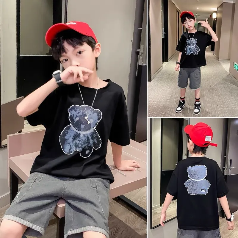 【110-160 cm】かわいい カートゥーン クマ柄 しっかり キッズ ジュニア 男の子 夏 半袖 Tシャツ カットソー トップス