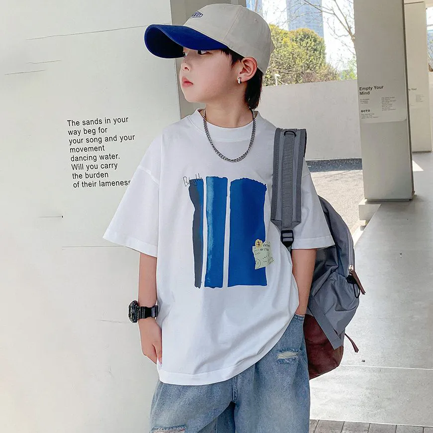 【100-160cm】人気沸騰  韓国系 カジュアル 配色 プリント ラウンドネック キッズ 男の子 夏 半袖 Ｔシャッツトップス