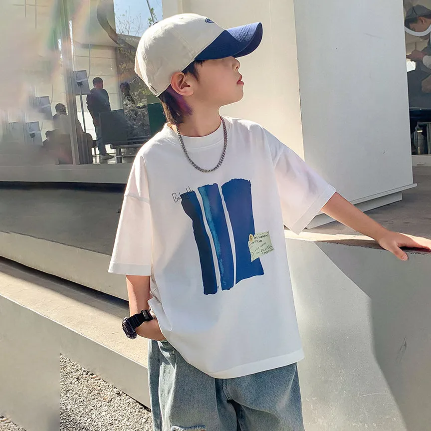 【100-160cm】人気沸騰  韓国系 カジュアル 配色 プリント ラウンドネック キッズ 男の子 夏 半袖 Ｔシャッツトップス