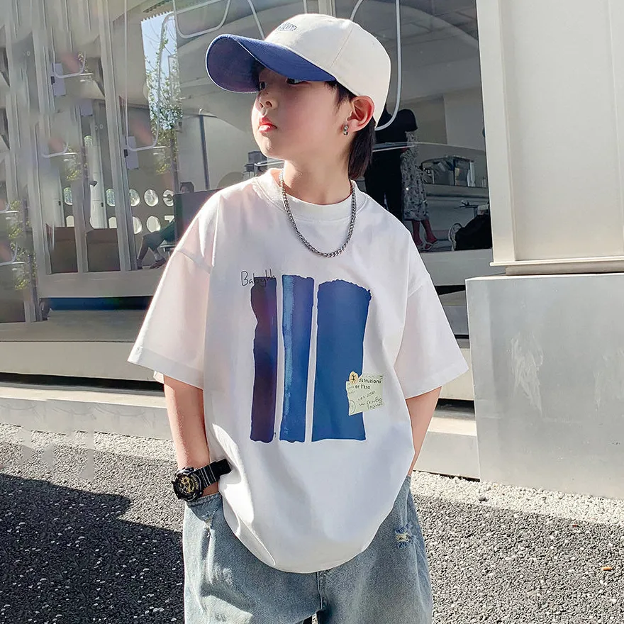 【100-160cm】人気沸騰  韓国系 カジュアル 配色 プリント ラウンドネック キッズ 男の子 夏 半袖 Ｔシャッツトップス
