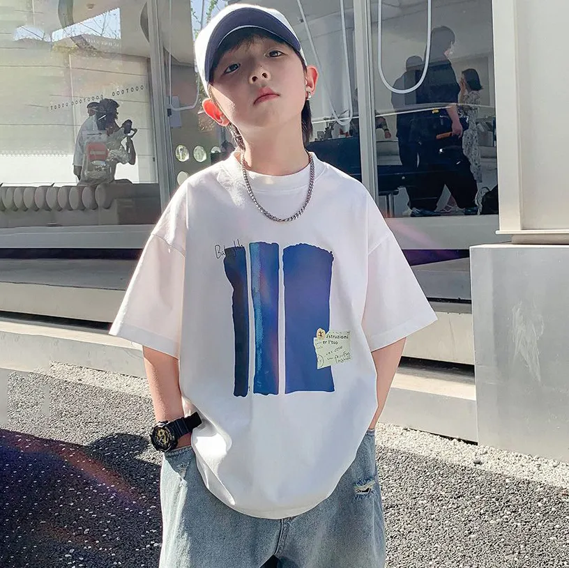 【100-160cm】人気沸騰  韓国系 カジュアル 配色 プリント ラウンドネック キッズ 男の子 夏 半袖 Ｔシャッツトップス