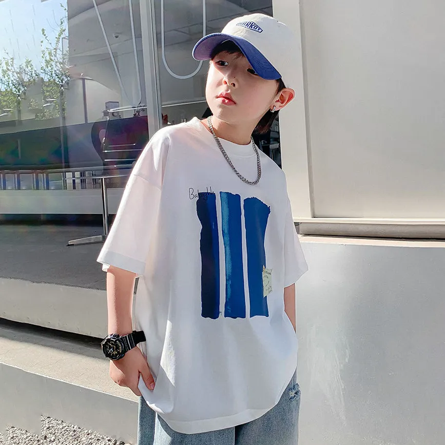 【100-160cm】人気沸騰  韓国系 カジュアル 配色 プリント ラウンドネック キッズ 男の子 夏 半袖 Ｔシャッツトップス