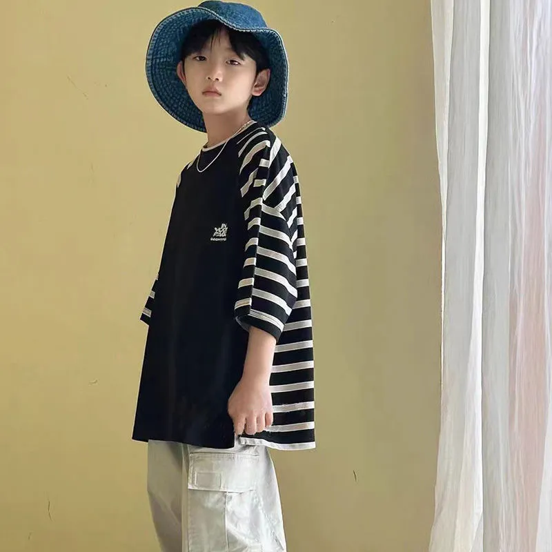 【120-170cm】人気上昇中 新登場 心地よい ボーダー 切り替え 半袖 男の子 Tシャツ トップス