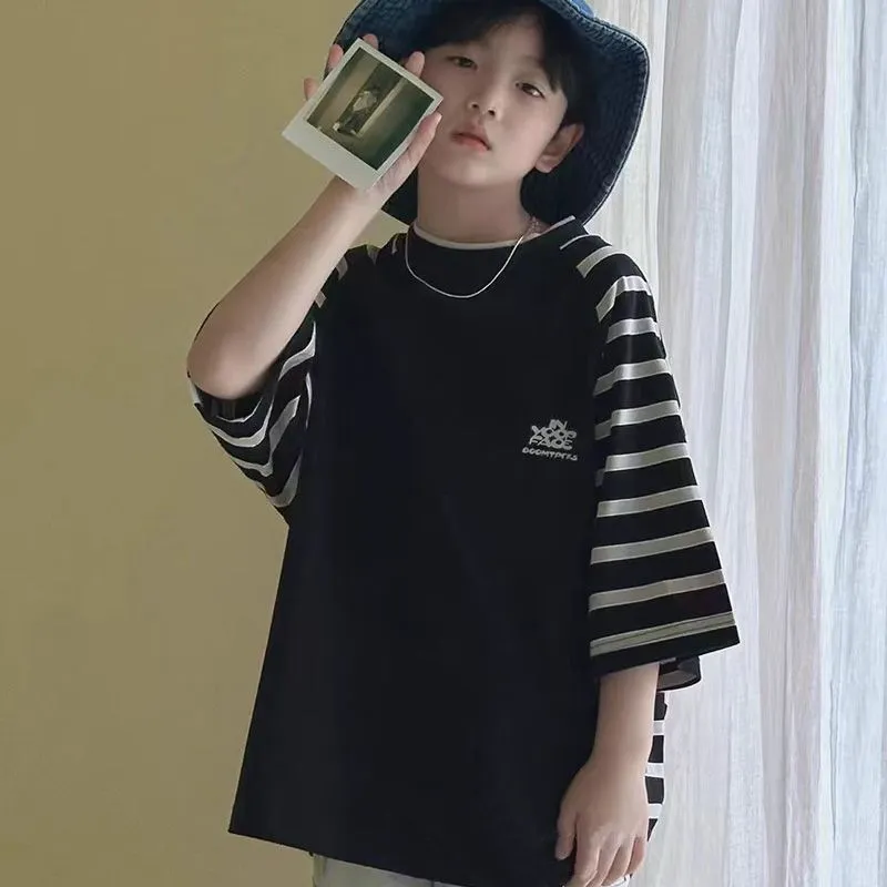 【120-170cm】人気上昇中 新登場 心地よい ボーダー 切り替え 半袖 男の子 Tシャツ トップス
