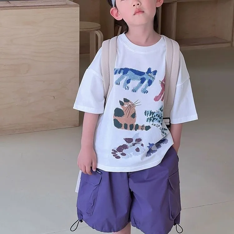 【100-160cm】楽ちんなつけ心地 韓国風ファッション プリント 半袖 女の子 男の子 Tシャツ トップス