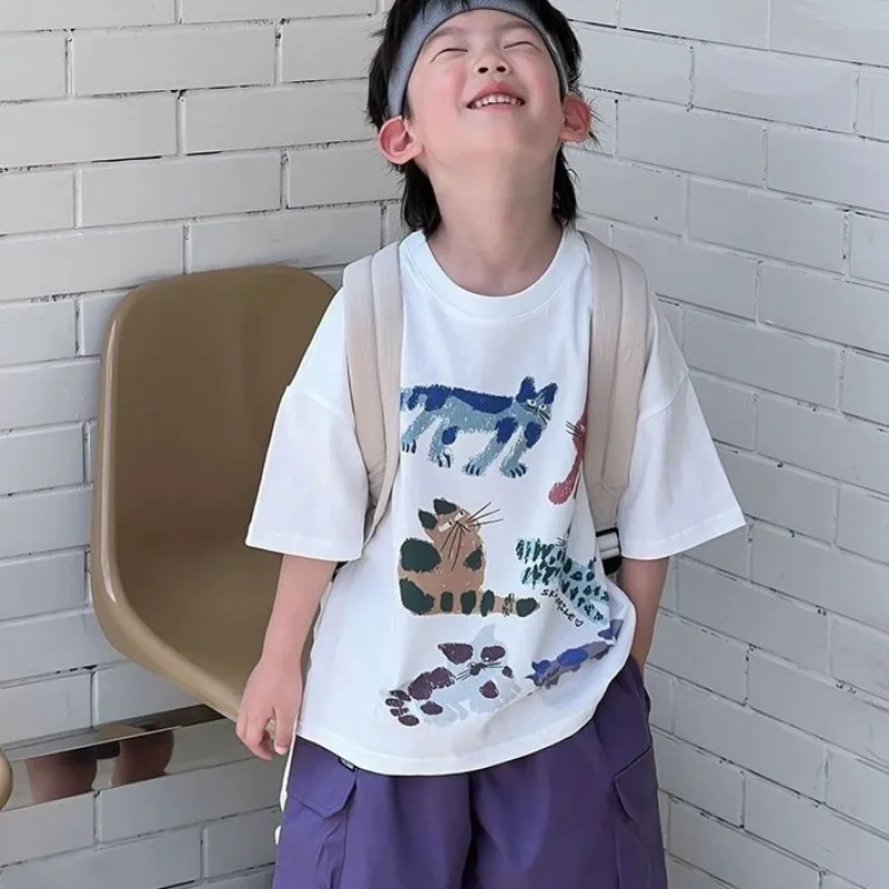 【100-160cm】楽ちんなつけ心地 韓国風ファッション プリント 半袖 女の子 男の子 Tシャツ トップス