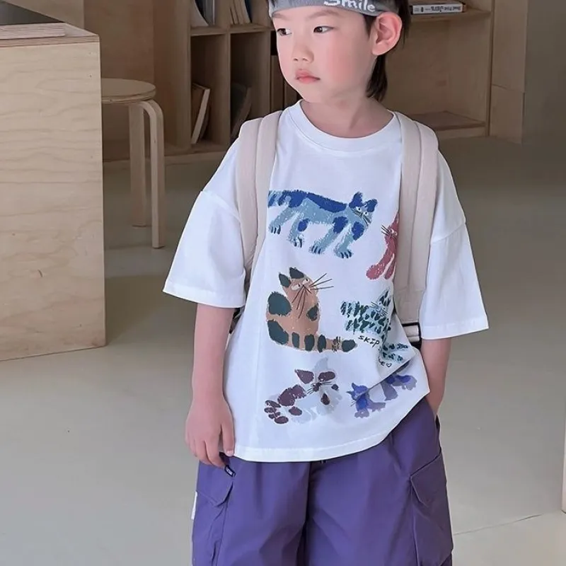 【100-160cm】楽ちんなつけ心地 韓国風ファッション プリント 半袖 女の子 男の子 Tシャツ トップス