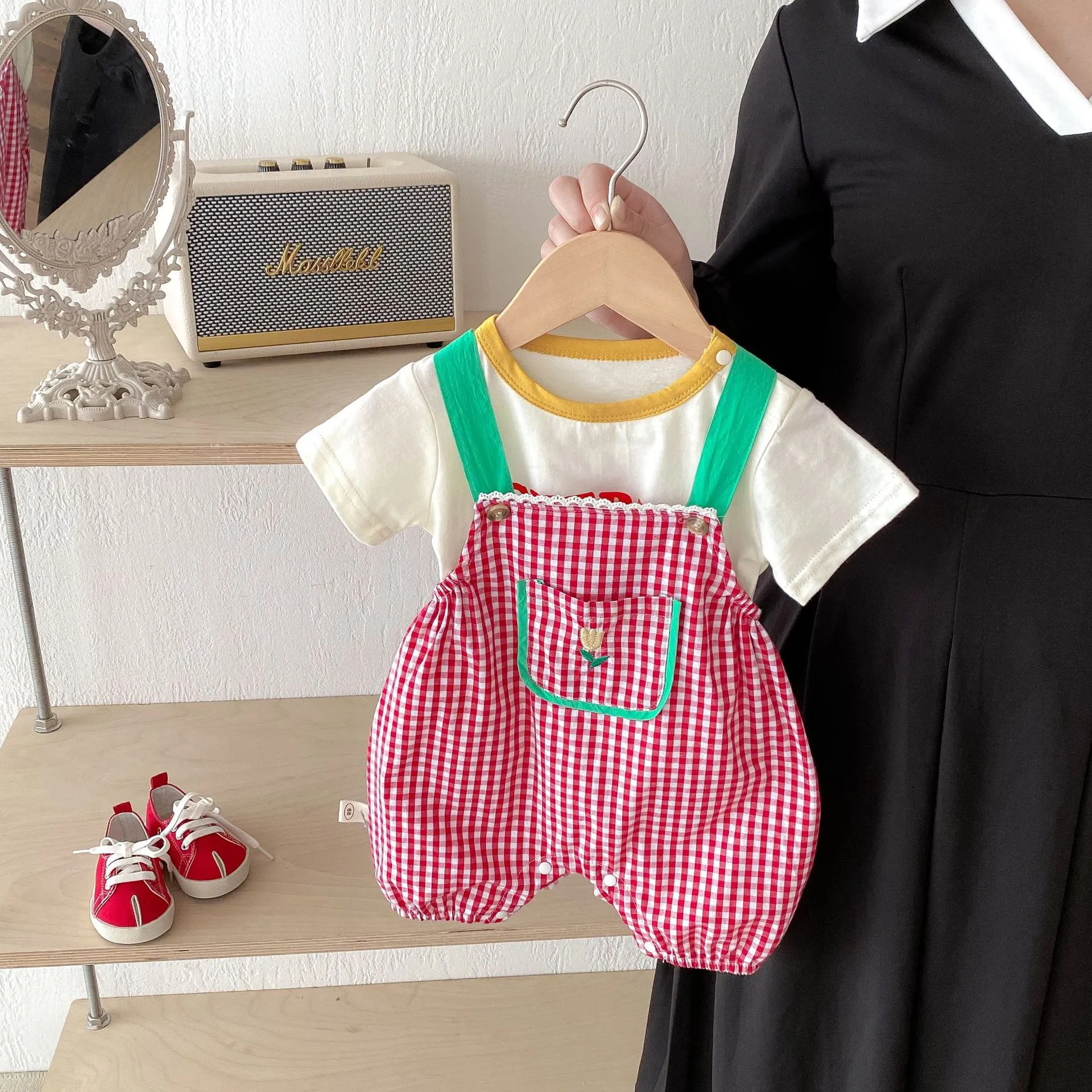 【66-90cm】デザイン性抜群 チェック柄 配色 夏 半袖 シンプル ベビー服 Tシャツ ロンパース セットアップ