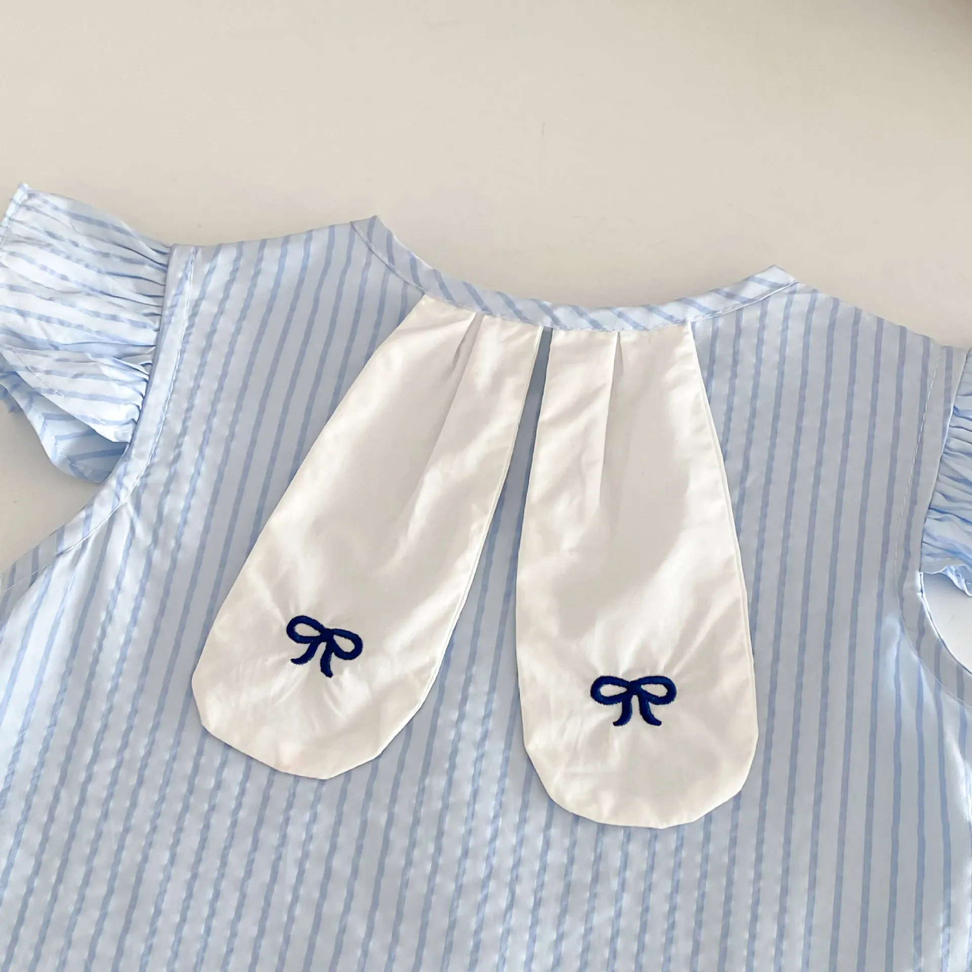 【73-100cm】目を奪われる 無地 ストライプ柄 キュート フリル袖 女の子 ベビー服 セットアップ