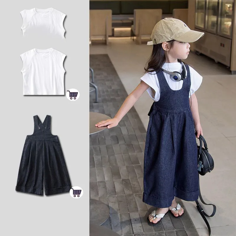 【100-150cm】可愛いデザイン 定番 森ガール レトロ 無地 Tシャッツ+デニム サロペット 子供服 女の子 夏 二点セットアップ