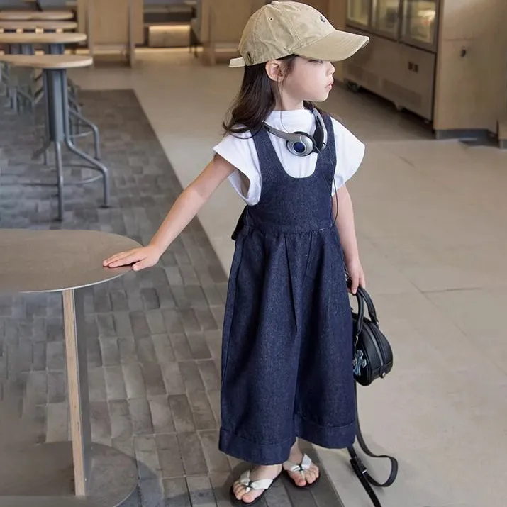 【100-150cm】可愛いデザイン 定番 森ガール レトロ 無地 Tシャッツ+デニム サロペット 子供服 女の子 夏 二点セットアップ